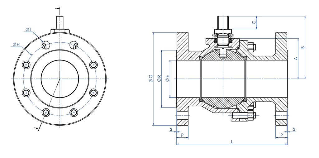 THOR分体式不锈钢铸造球阀 ANSI 150-300 - 尺寸 - 裸轴尺寸规格