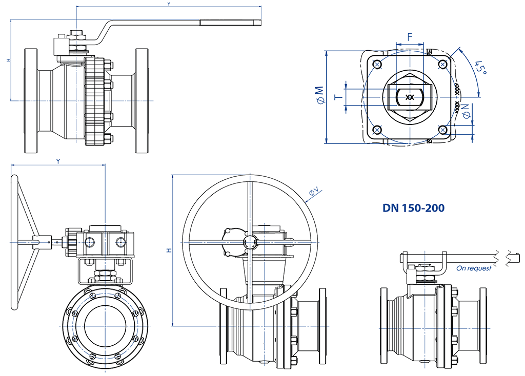 THOR分体式不锈钢铸造球阀 ANSI 150-300 - 尺寸 - 搭配手柄时的尺寸规格